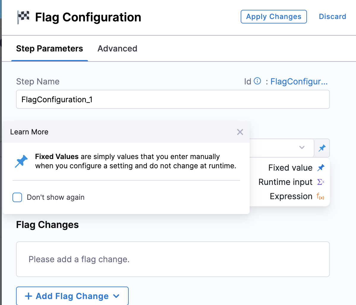 A screenshot of the Pipeline with the Flag Configuration panel open.