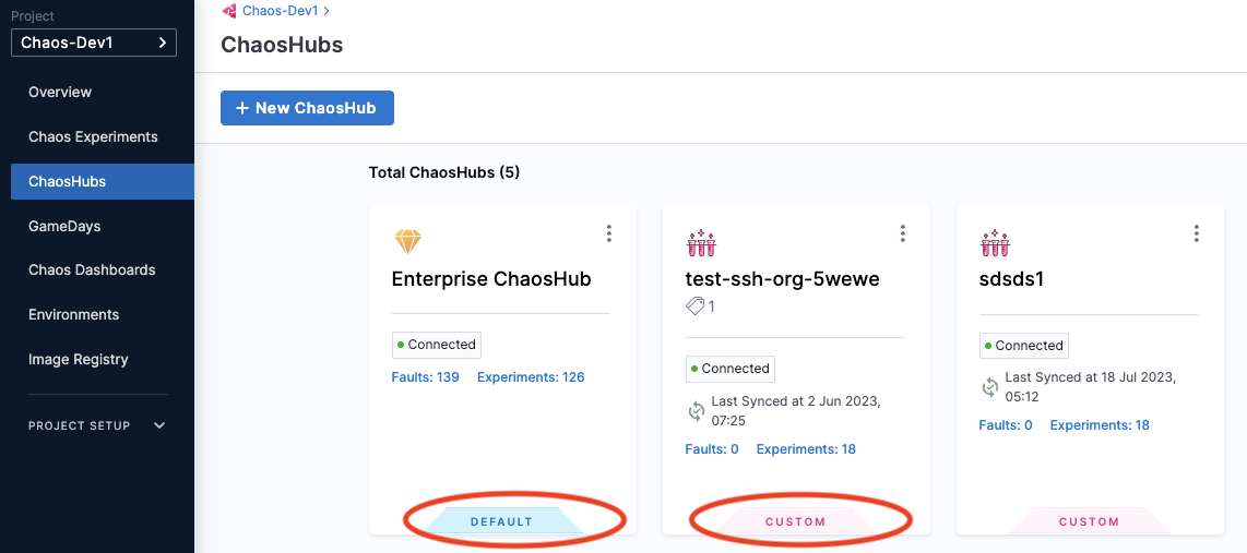 ChaosHubs page with default and custom hubs highlighted