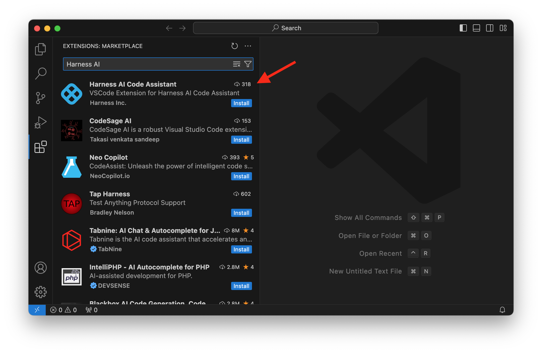 Installing the Harness AI Code Assistant extension in VS Code